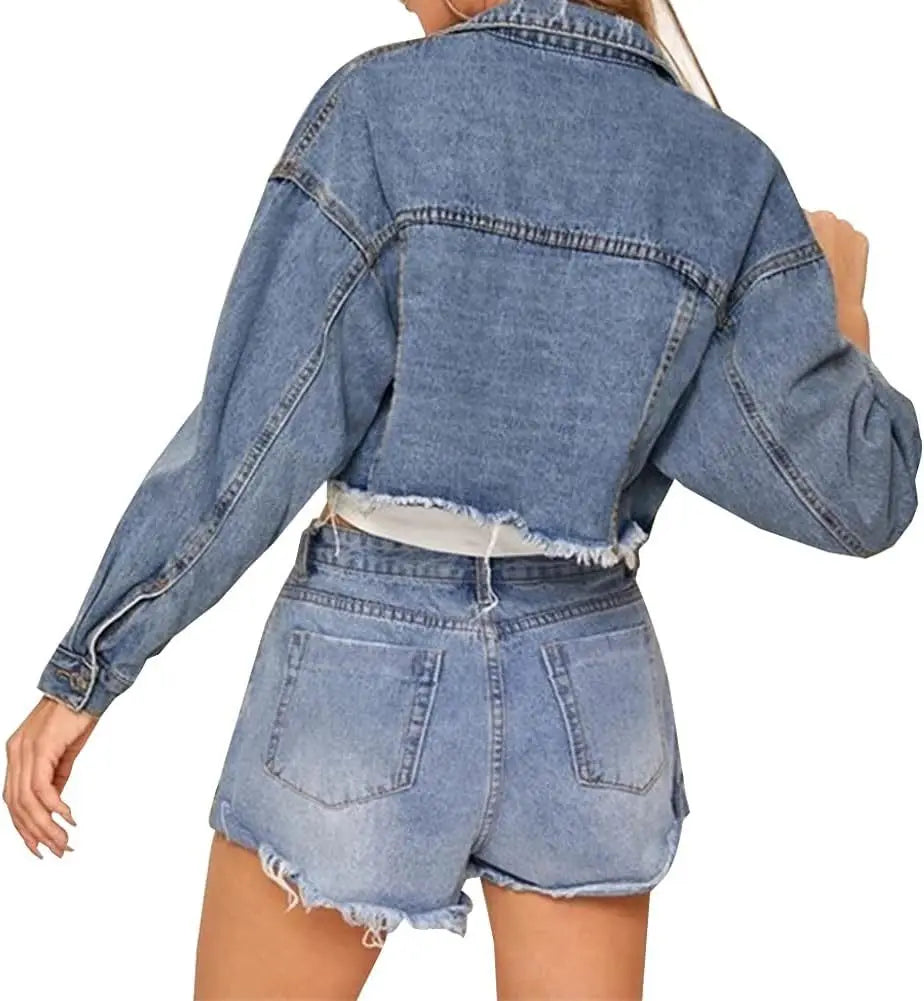 Vintage Distressed Denim Jacket With Turn Down Collar for Women