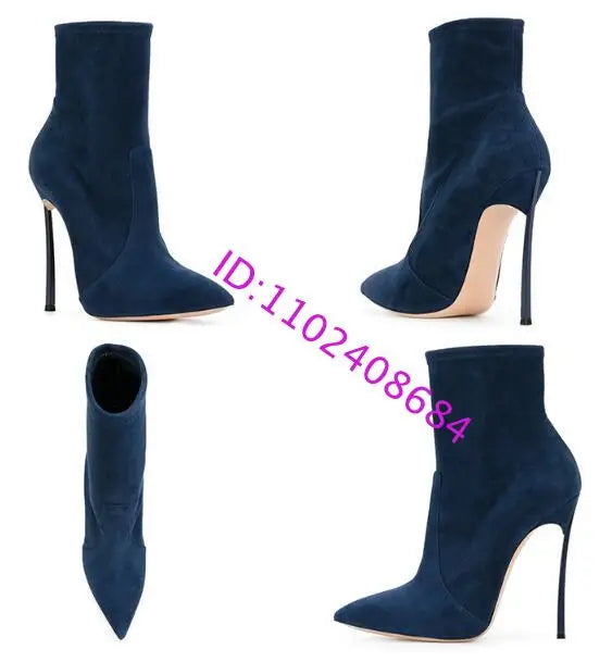 Spike High Heel Woman Ankle Boots Large Size Custom New Suede Pointed Toe High-Heeled Sexy Stretch Short Woman Boots