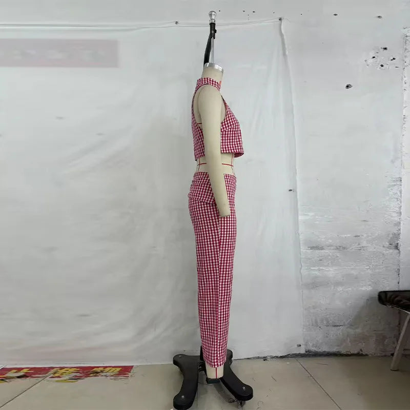 Casual Plaid Vest And Pleated Pants Set Beachwear for Women