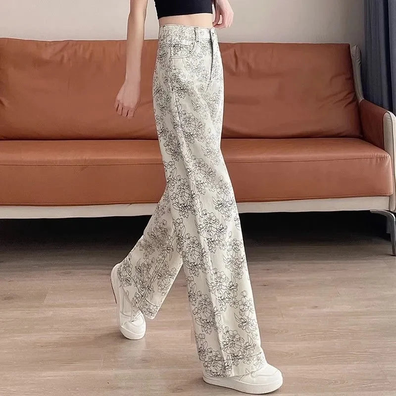 High Rise Wide Leg Printed Denim Pants For Women