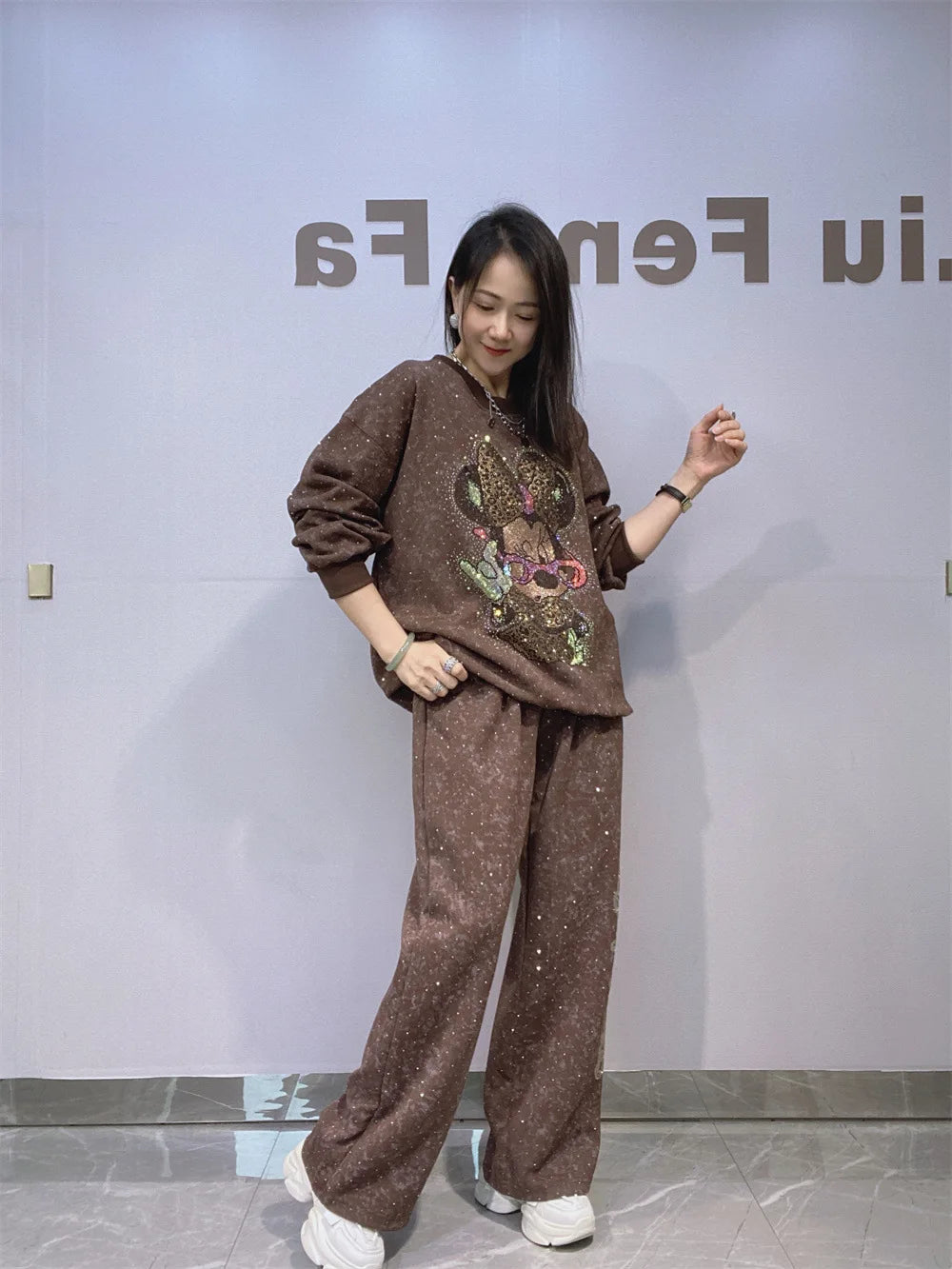 Autumn Winter Rhinestone Long Sleeve Round Neck Pullover Sweatshirt and Long Pants Set Fashion Woman Clothes Outfits 2025 New