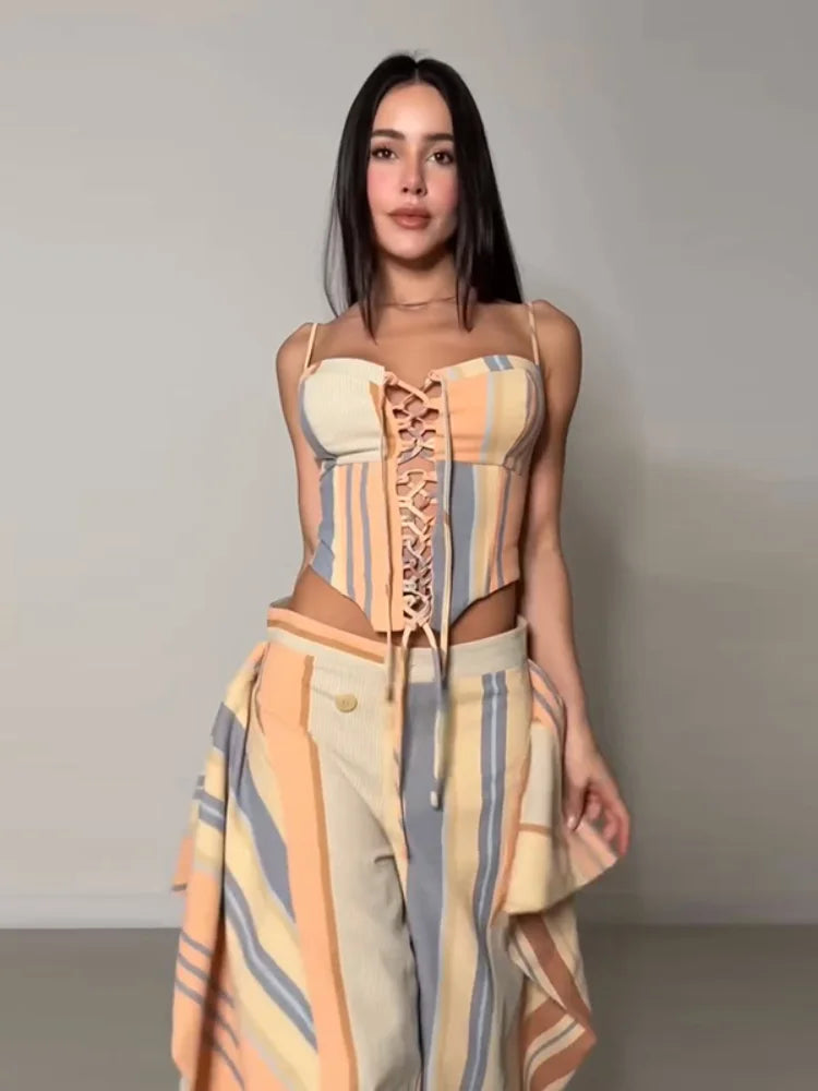 Striped Patchwork Vest and Asymmetric Trousers Set for Women