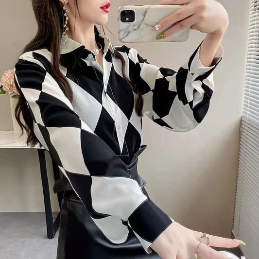 Shirt Women's Design Sense Niche Long-Sleeved Blousers 2025 Spring And Autumn Korean Retro Buttton Chiffon Shirt Top Printed 102