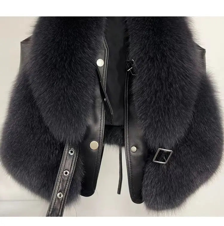 2025 Autumn Winter Women Vest Short Style Splicing Solid Color Fur Coat New