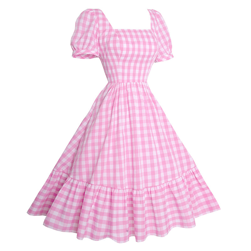 Vintage Pink Plaid Square Collar Puff Sleeve Midi Dress for Women
