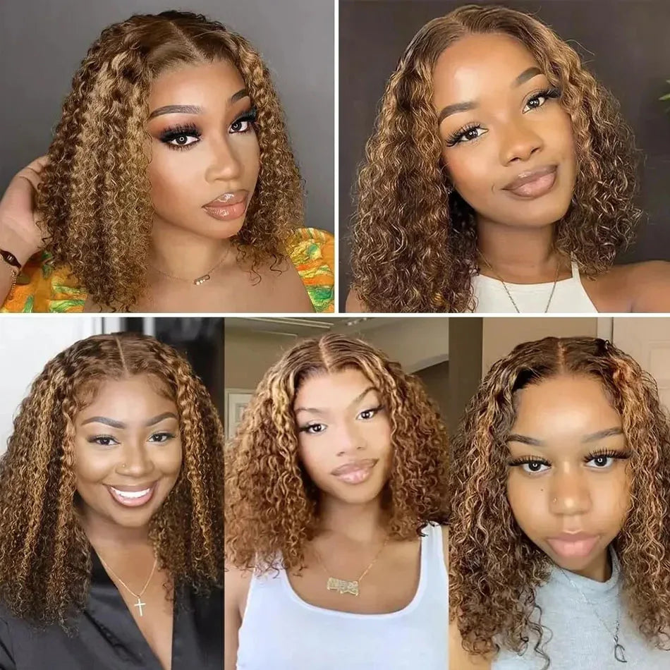 250% Density Highlight Short Curly Bob Wig Deep Wave Bob Lace Wig 13x4 Lace Front Human Hair Wigs Brazilian Virgin Human Hair