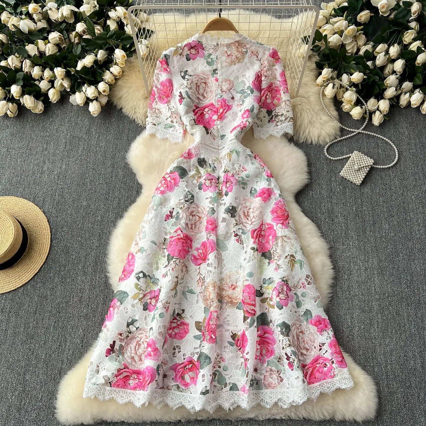 Elegant French Style Vintage Lace Printed Dress for Women