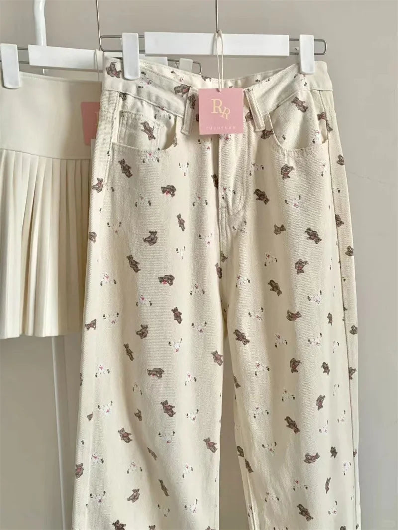 High Rise Wide Leg Printed Denim Pants For Women