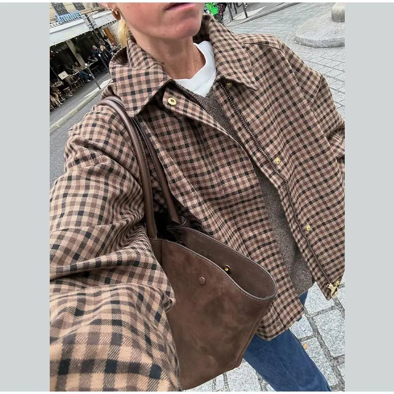 Long Sleeve Plaid Button-Up Shirt Jacket for Women