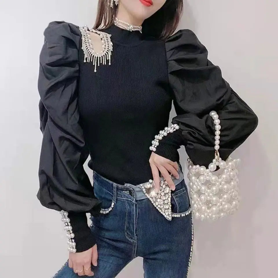 Women Shirts Nail Bead Tassel Hollowed Out Wool Knitted Shirt for Women Spring and Autumn of 2025, Lantern Sleeve Top