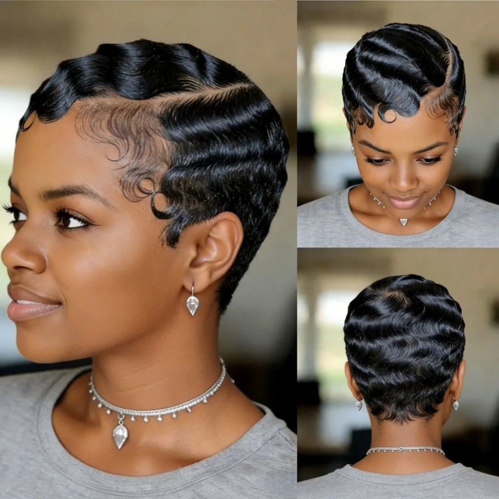 Short Pixie Cut Human Hair Wig with Finger Wave Texture 99j 4 black 13x4 Transparent Lace Front Pre-Plucked Hairline  Wig