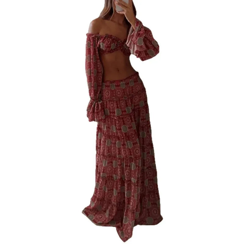 Vintage Print Off Shoulder Cropped Top Two Piece Set for Women