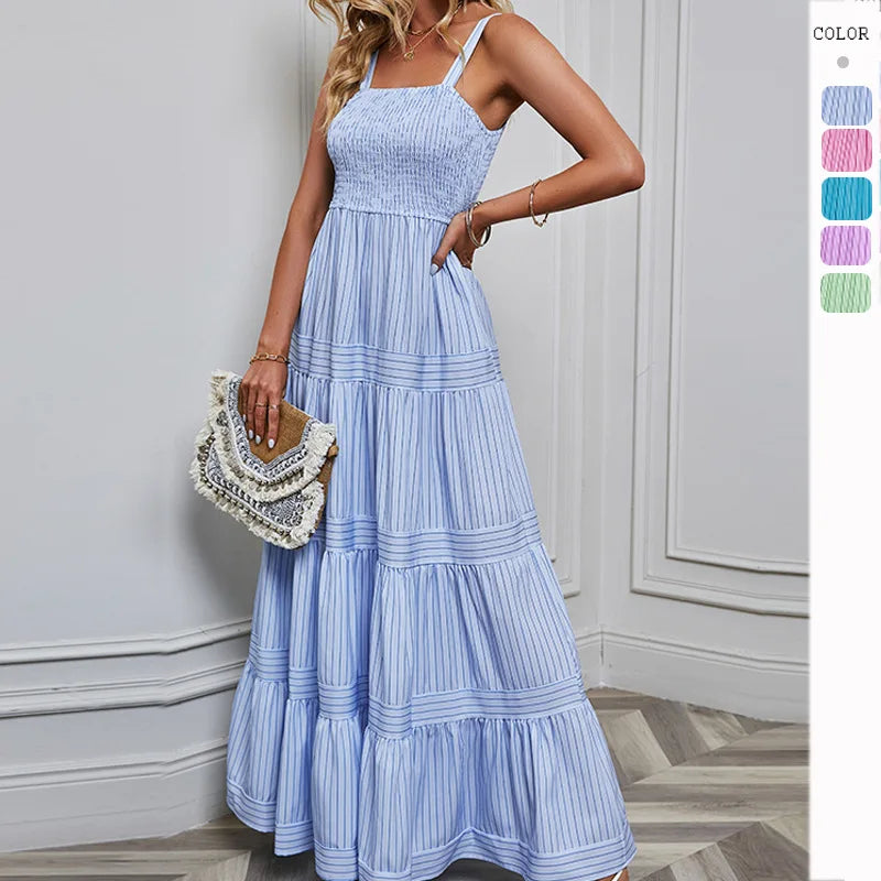 Elegant Striped Spaghetti Strap Maxi Dress for Women