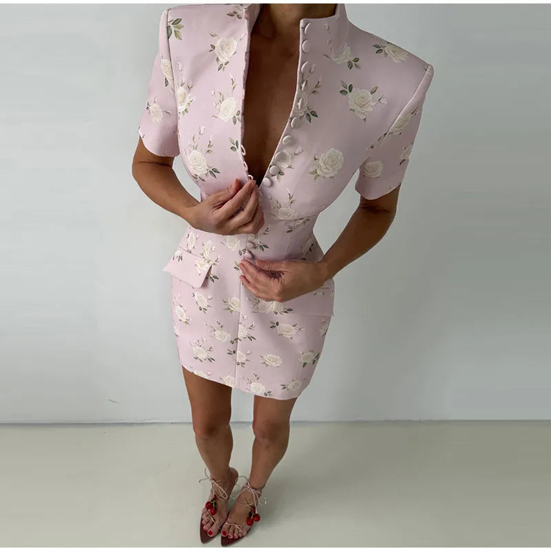 Elegant Printed Short Sleeve Stand Collar Dress for Women