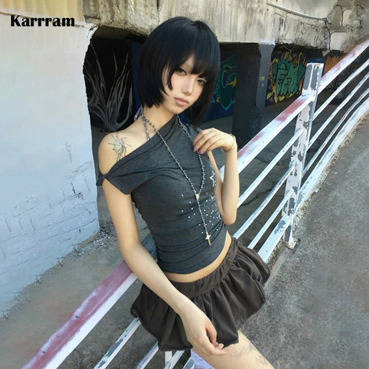 Karrram Japanese Y2k Off Shoulder T-shirt Trashy 2000s Style Rhinestones Sleeveless Top Vintage Harajuku Crop Top American Retro