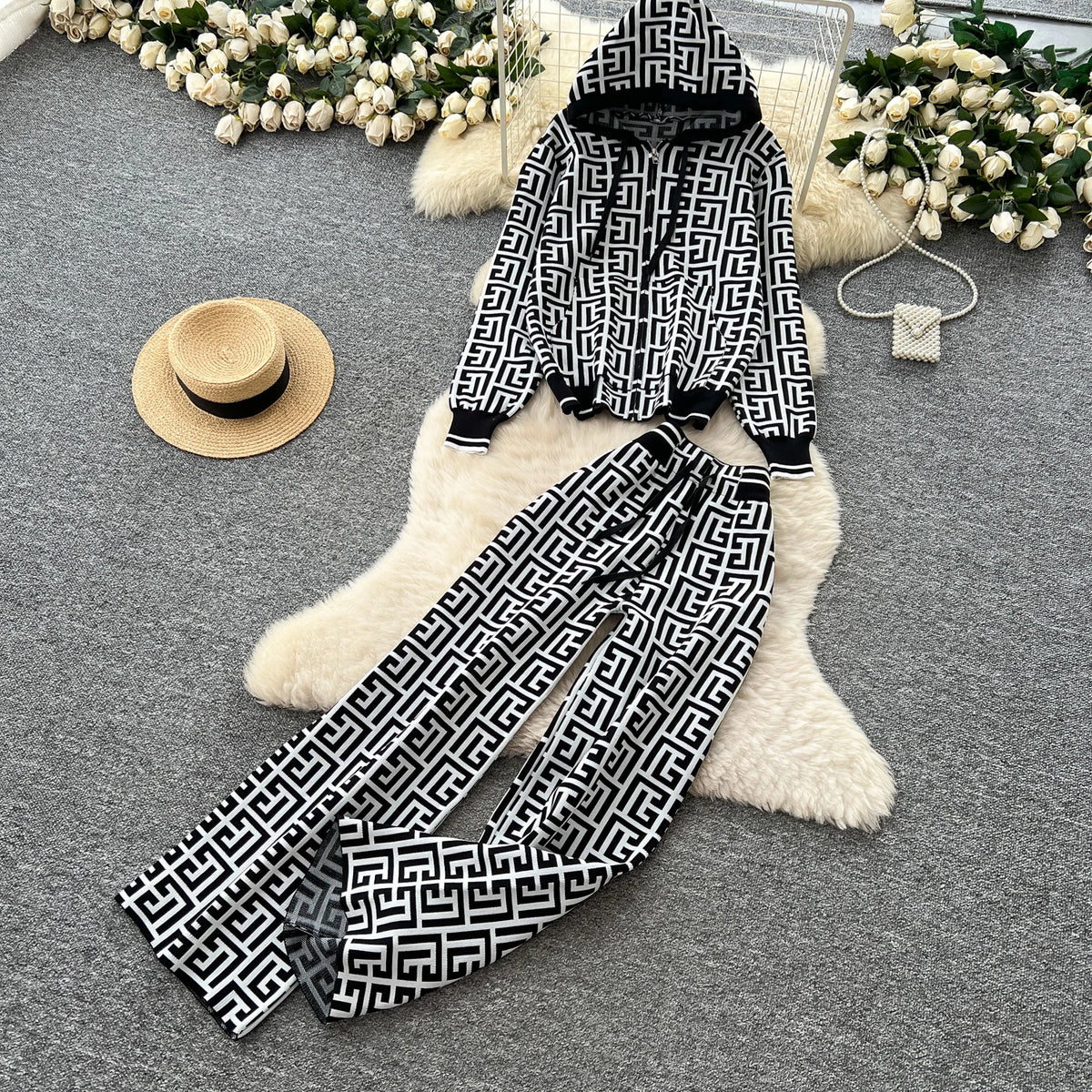 Geometric Print Hooded Knit Two Piece Set for Women