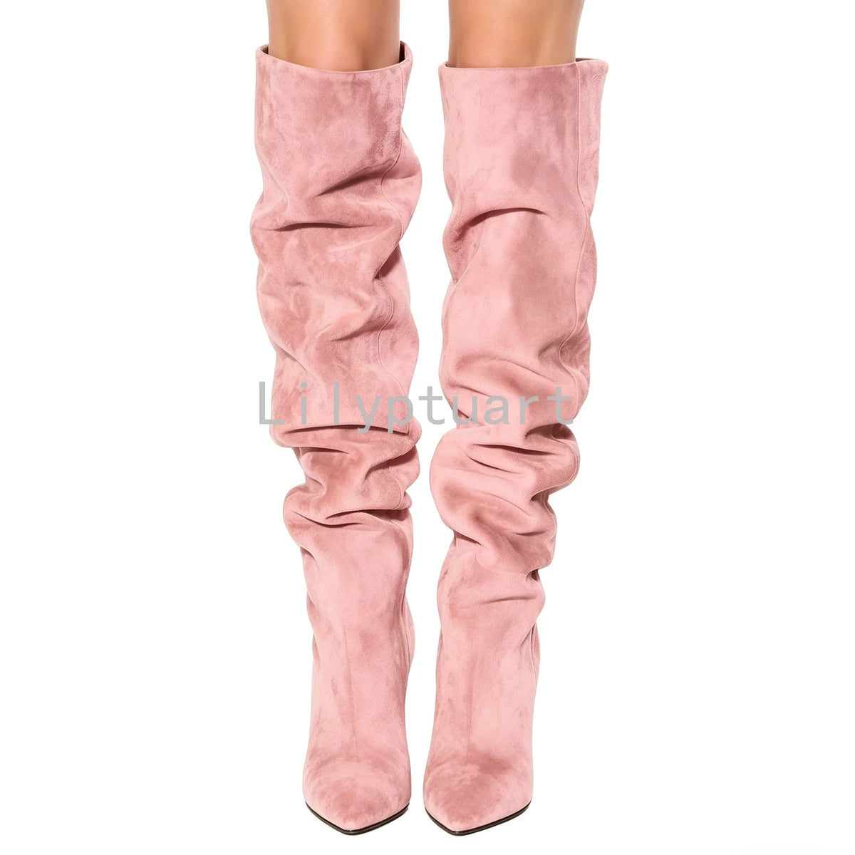 Beige Square Heel Slip-On Over-the-Knee Boots for Women