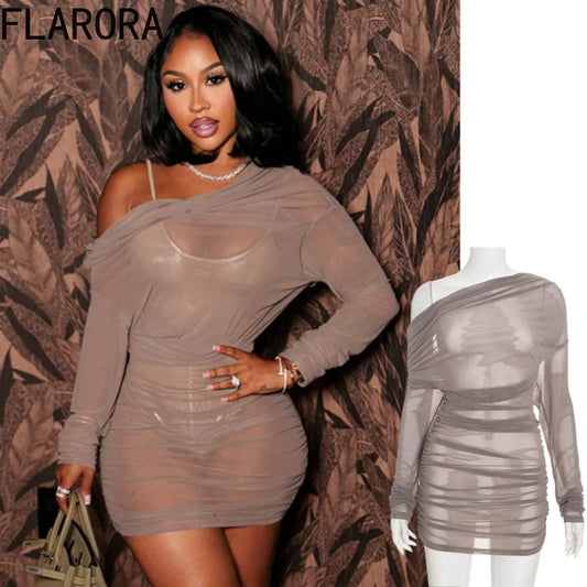 Ruched Sheer Mesh Bodycon Mini Party Dress for Women