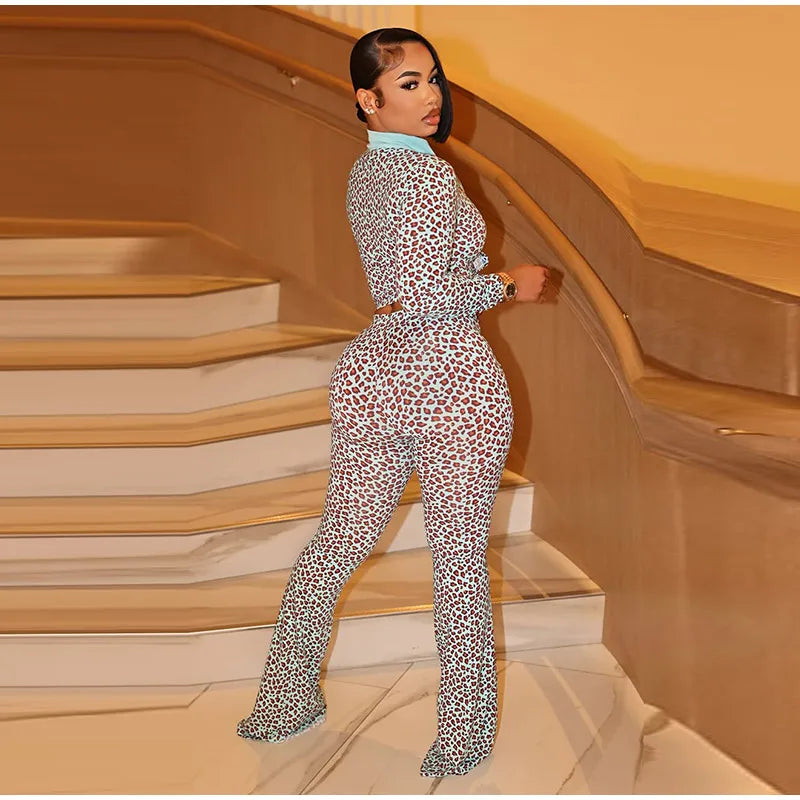 Leopard Print Stand Collar Casual Two Piece Set For Women