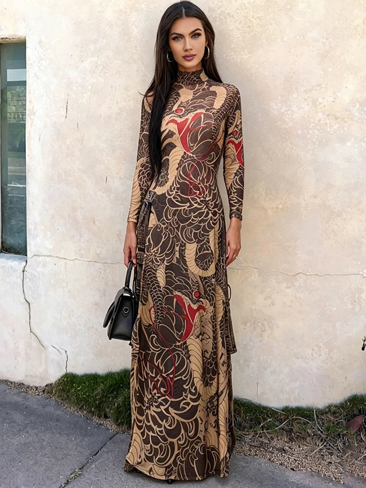 Snake Print Sheer Turtleneck Long Sleeve Top for Women