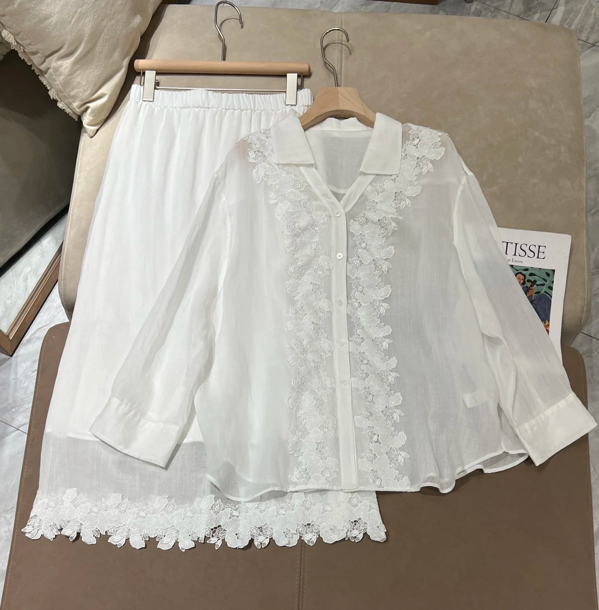 Embroidered Linen Blouse And Midi Skirt Set for Women