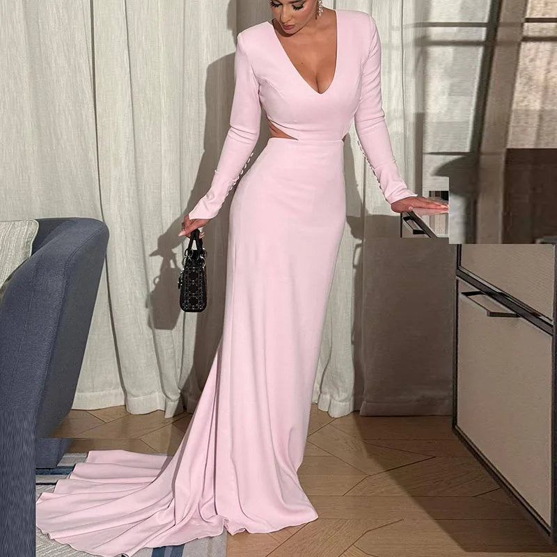 Sexy Women's V-neck High Waist Party Dress 2025 Elegant Hollow Out Mermaid Long Dress Mujer Autumn Pink Slimming Fit Robe Dress