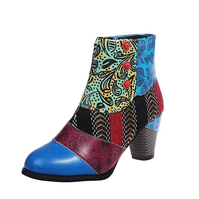 Vintage Printed Leather Zippered Ankle Boots for Women