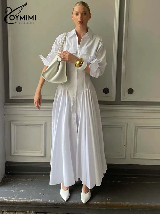 Oymimi Elegant White Lapel Women's Dress Fashion Three Quarter Sleeve Pockets Dresses Casual Button Pleated Ankle-Length Dresses