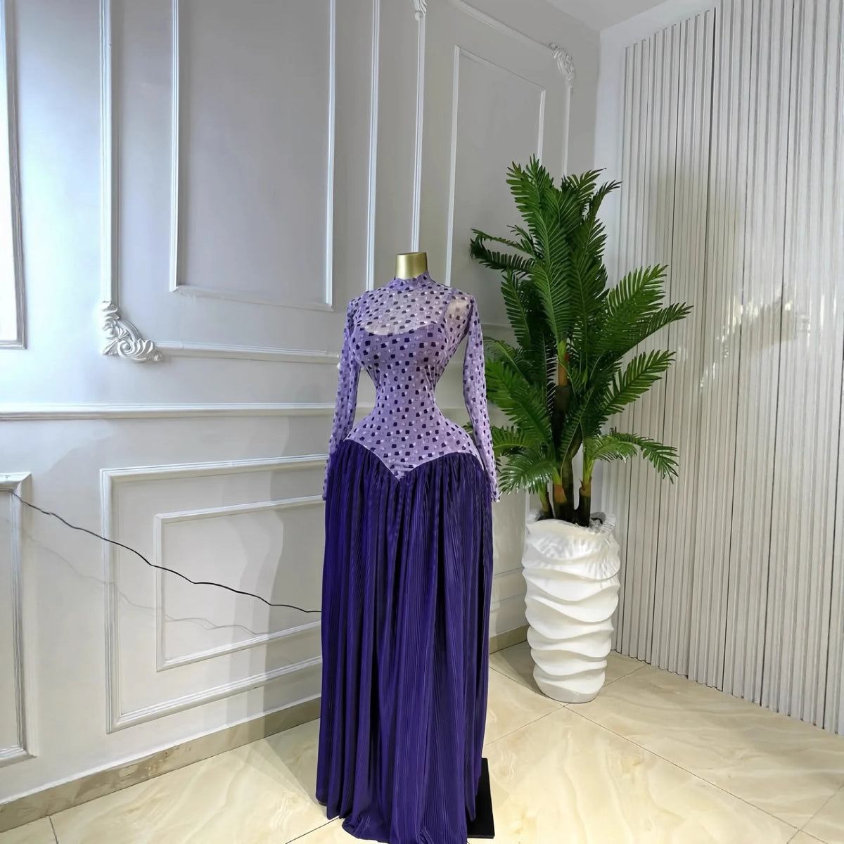 Pleated Stand Collar Maxi Dress With Long Sleeves for Women