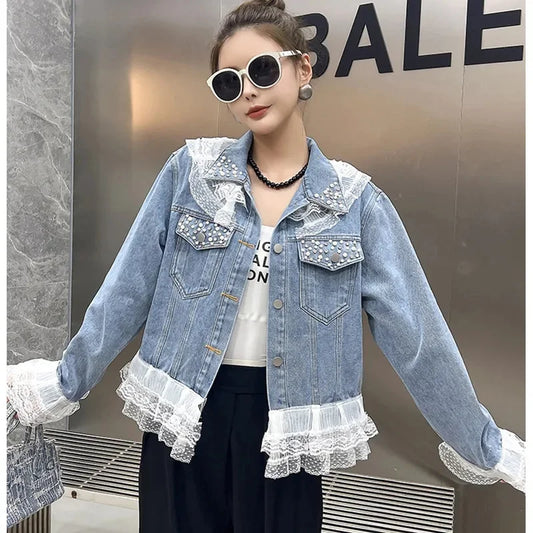 2025 Spring Autumn Women's Nail Bead Short Denim Jacket Female New Korean Version Design Sense Fashionable Lace Edge Jacket Top