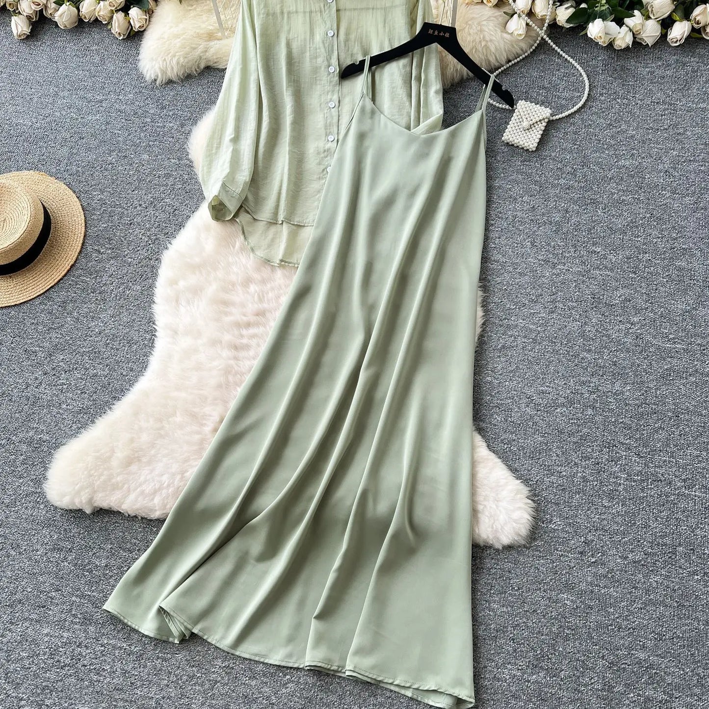 Elegant Long Sleeve Turn Down Collar Solid Color Two Piece Set for Women