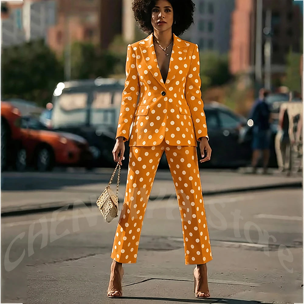 White Polka Dot Women's Suit 2 Pieces New Design Single Button Blazer Ankle Pants Fashion Set Formal Party Business Office Wear