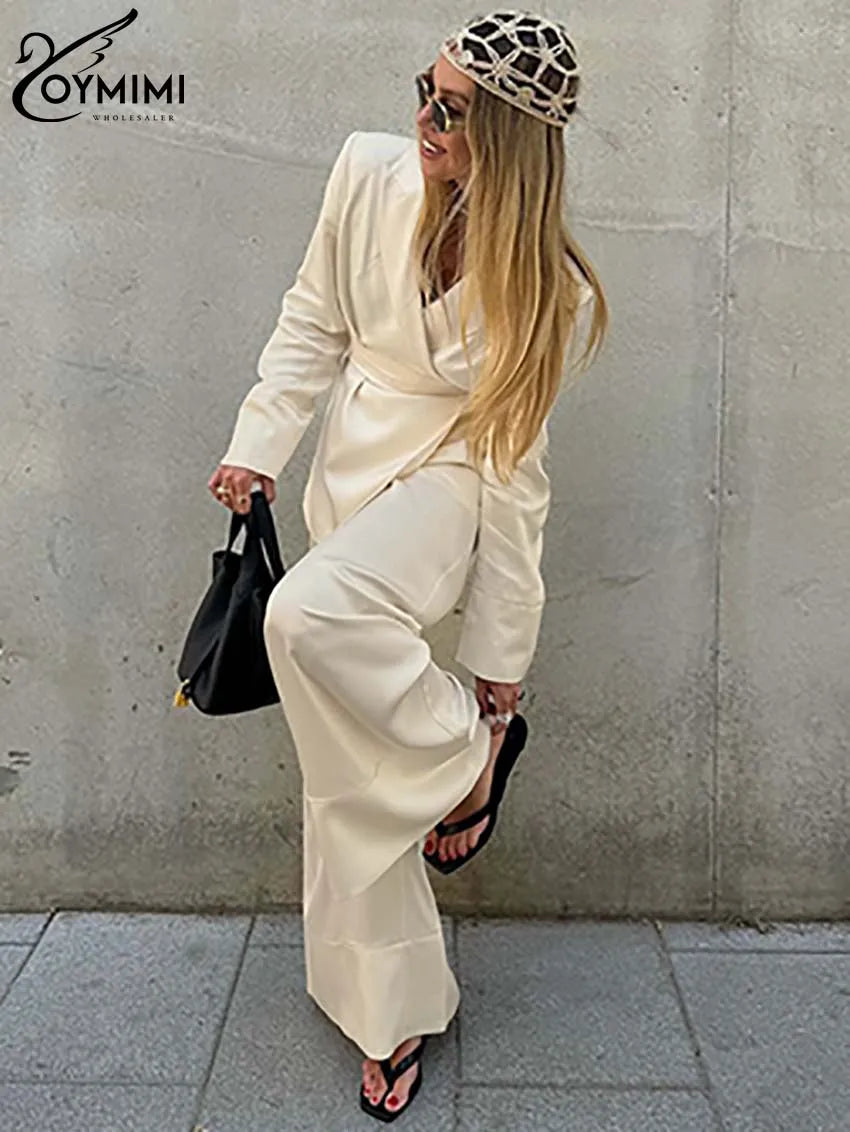 Oymimi Elegant Apricot 2 Piece Sets Women Outfit Fashion Long Sleeve Lace-Up Shirts And High Waist Straight Simple Trousers Sets