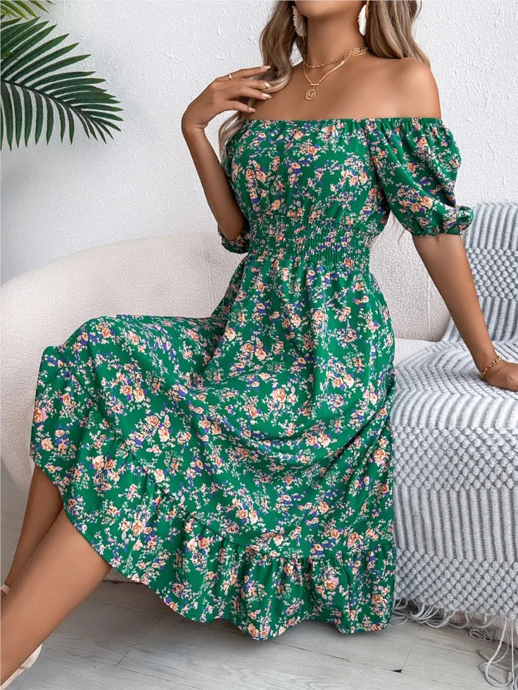 Floral Square Neck Short Sleeve High Waist Swing Dress for Women