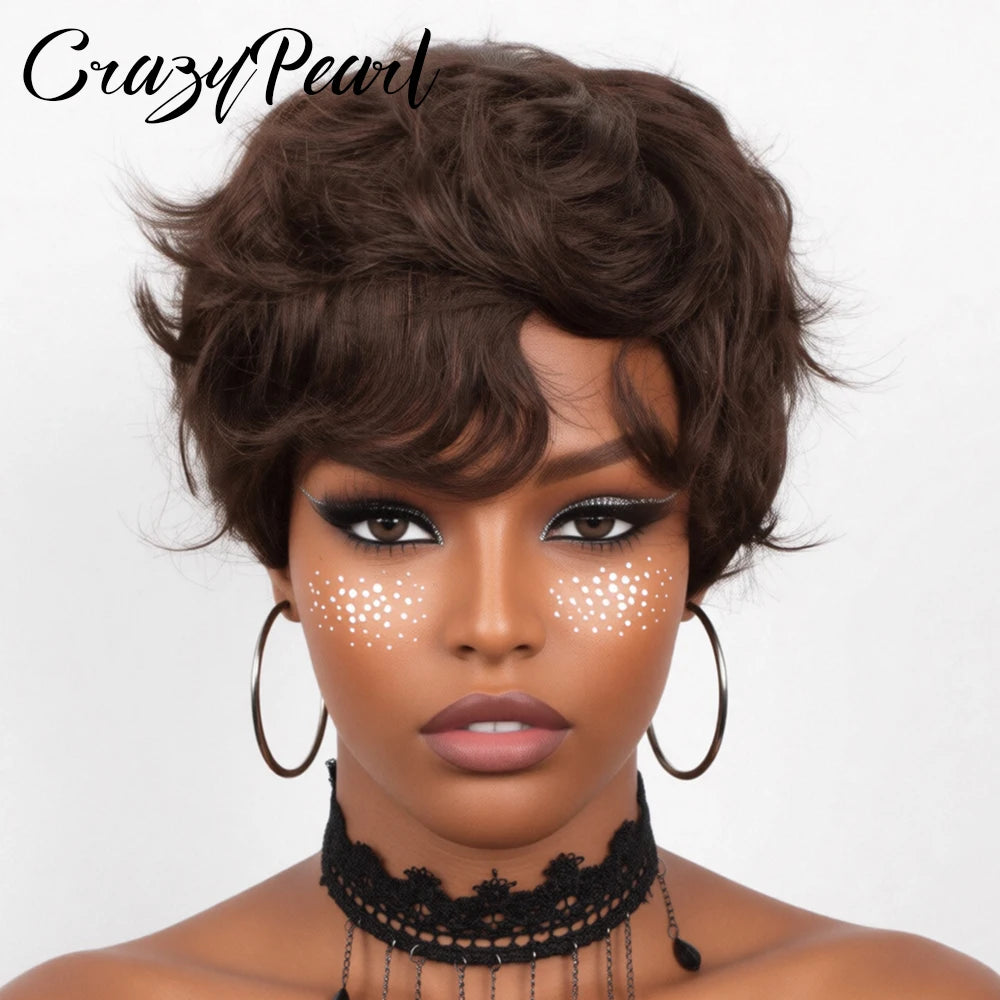 Dark Brown Short Pixie Lace Front Human Hair Wig for Women