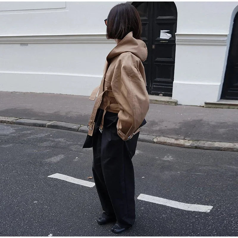 Belted Button Front Long Sleeve Short Jacket for Women