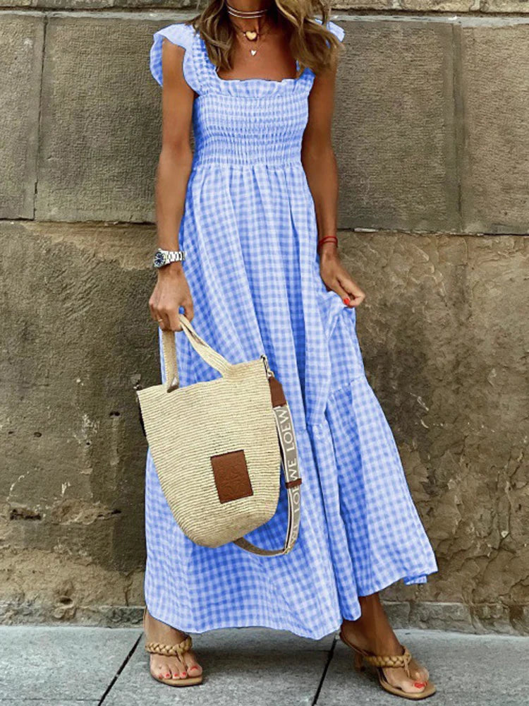 Flowy Plaid Backless Maxi Dress with Elastic Waist for Women