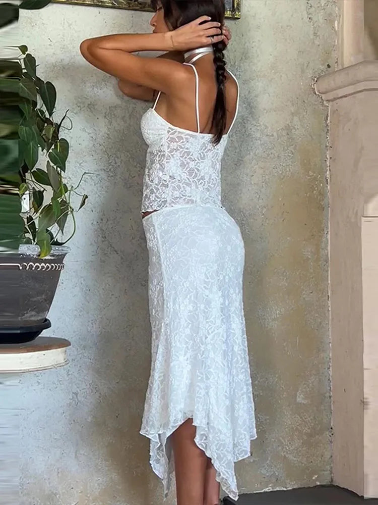 Elegant Chic Two Piece Lace Top and Skirt Set for Women