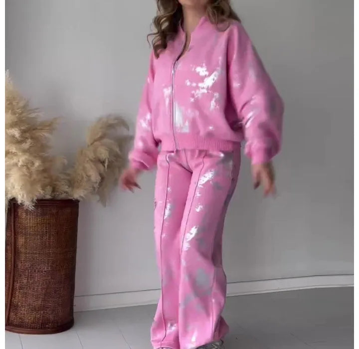 Two Piece Set Woman 2024 Summer New Streetwear Fashion Sequin Printed Zipper Casual Long Sleeves Hoodie and Pants Suit Female