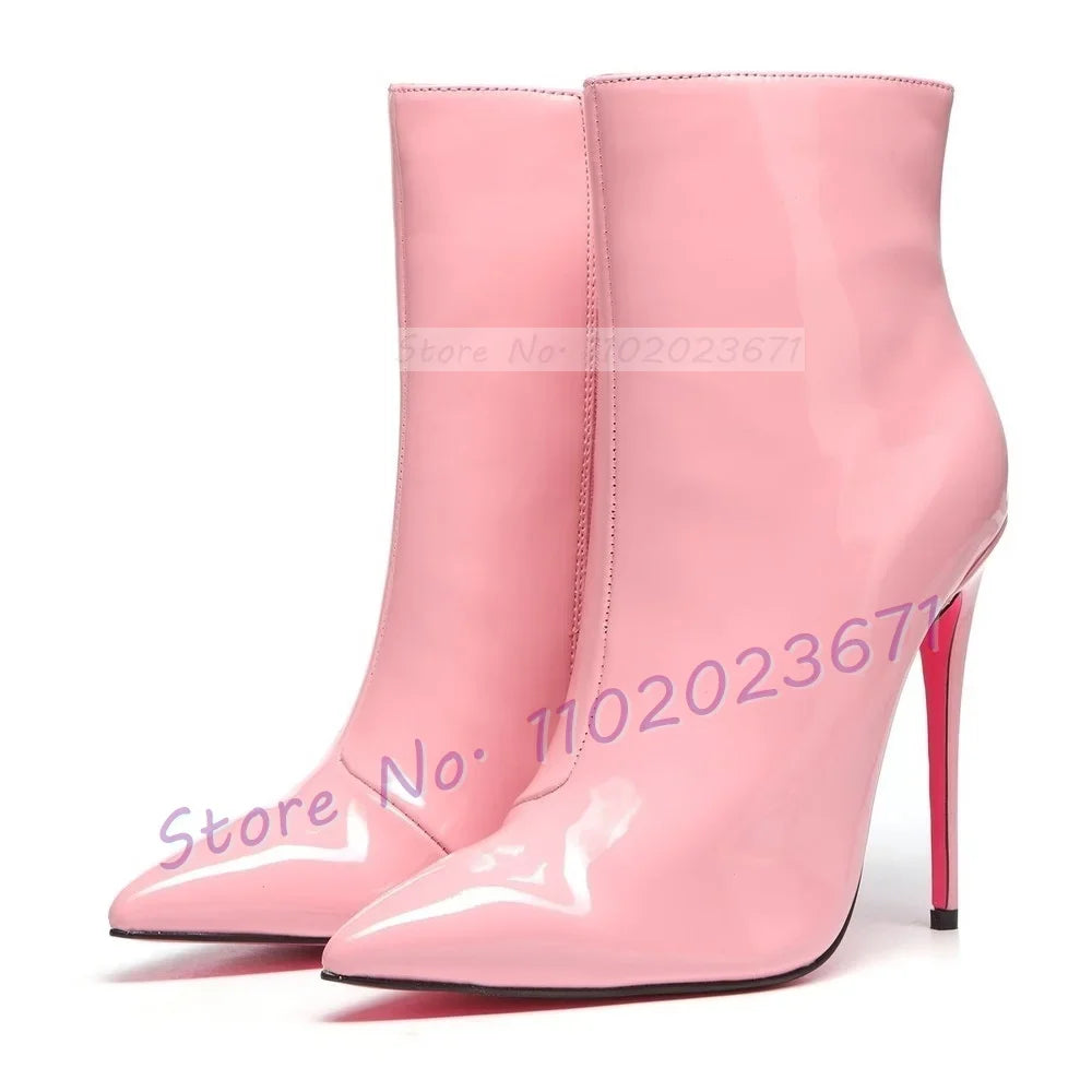 Pink Sole White Ankle Boots Women Pointed Toe Stylish Patent Leather High Heels Boots Female Elegant Casual Crocodile Shoes