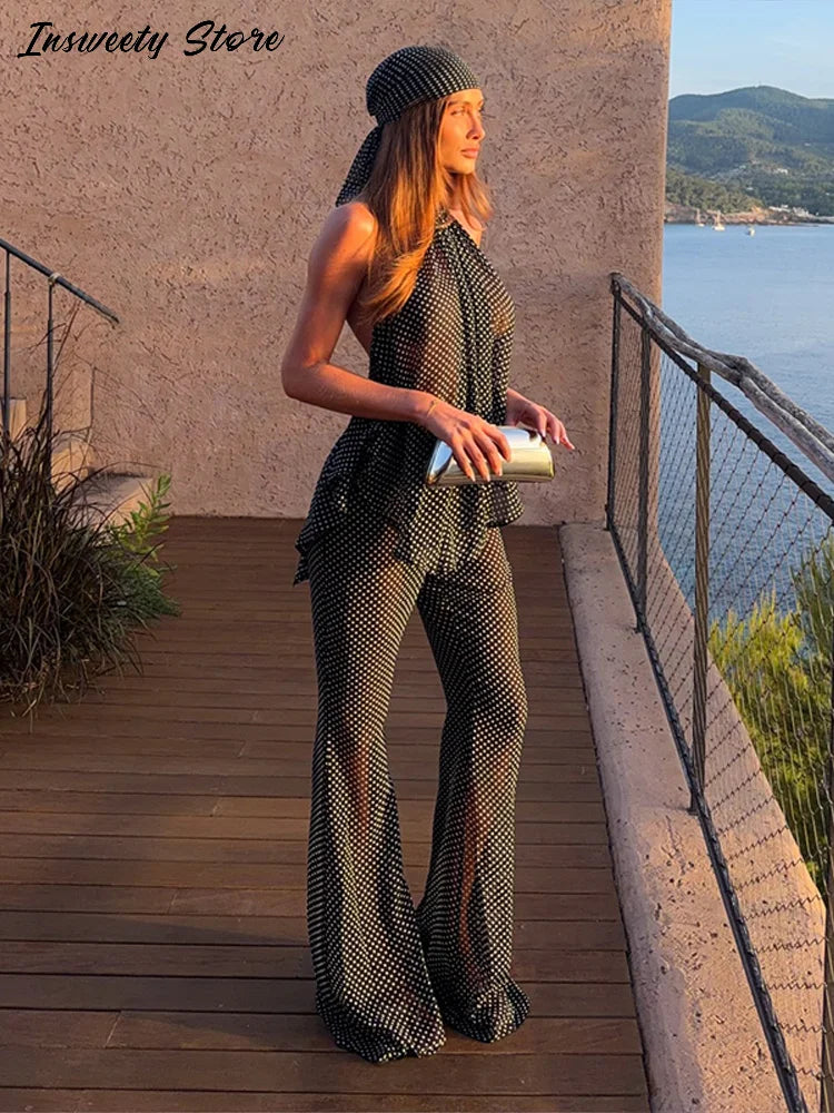 Retro Geometric Stripe Two Piece Set With Halter Top And Flare Pants for Women