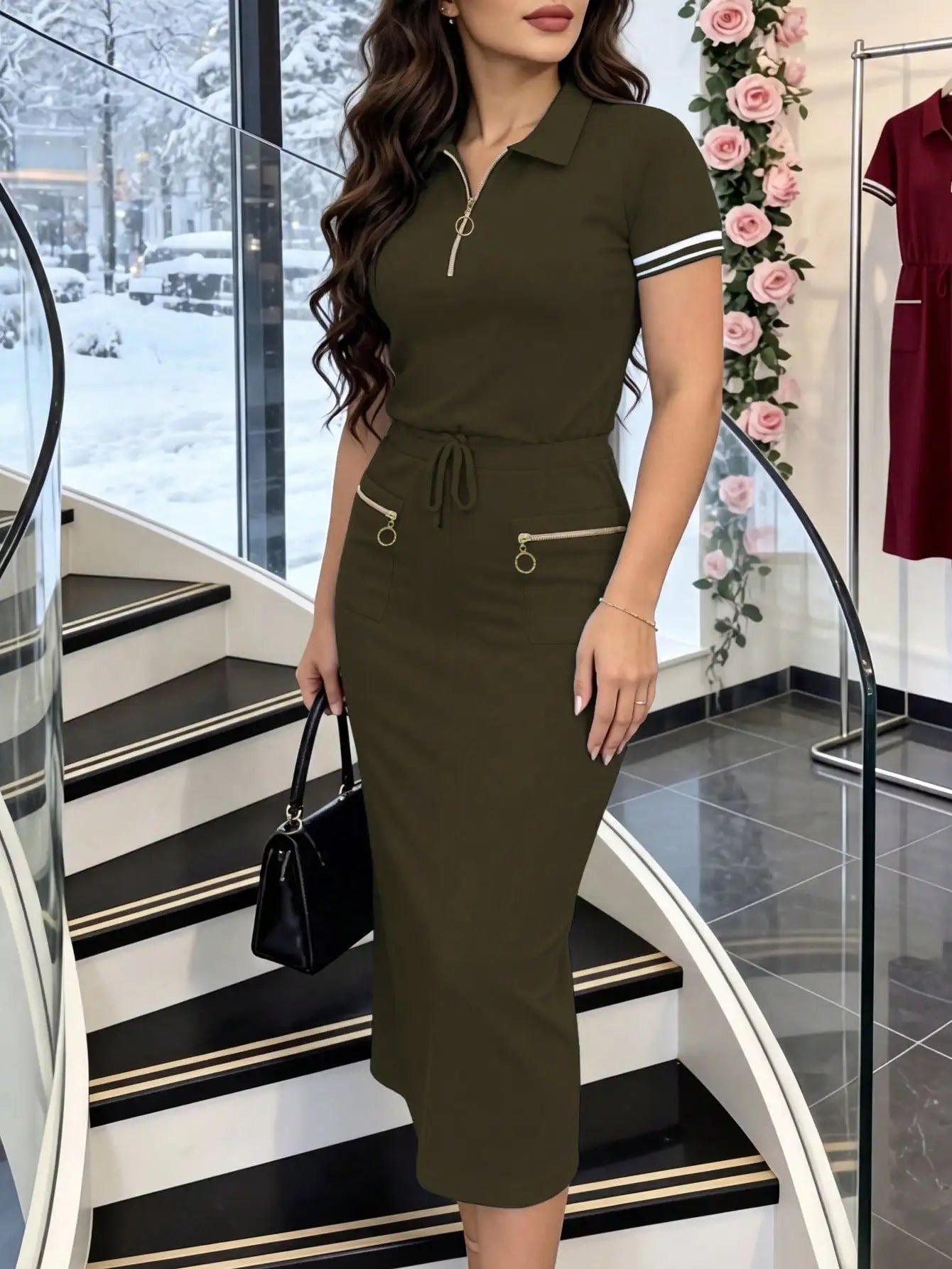 New Spring and Summer Women's Burgundy Notch Lapel Half-Zip Short-Sleeve T-Shirt with Color-Blocking Striped Cuffs, paired with a Drawstring Elastic Waist Zipper Pocket Front-Split Pencil Skirt Two-Piece Set