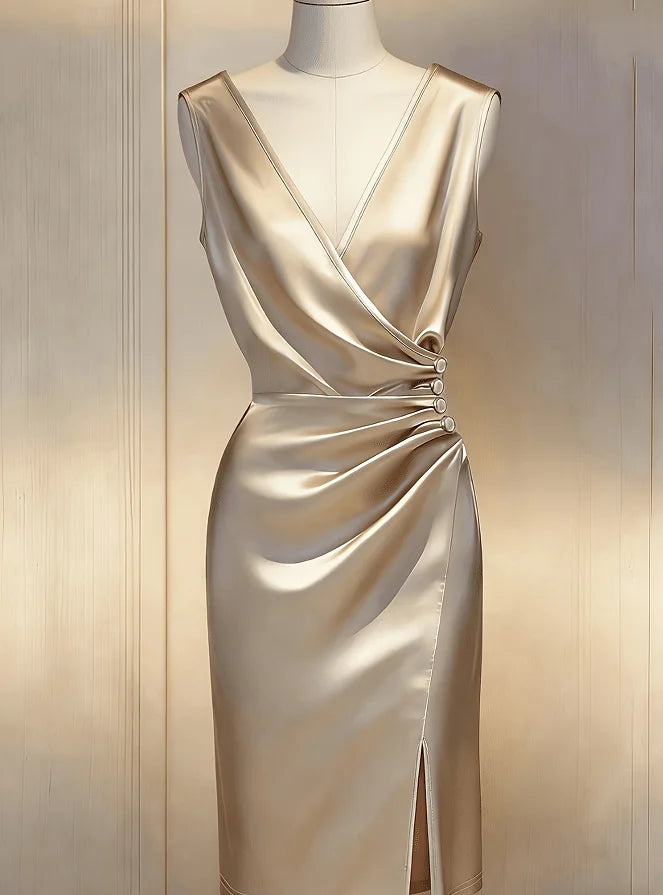 V-Neck Satin Pleated Midi Dress With Side Slit for Women
