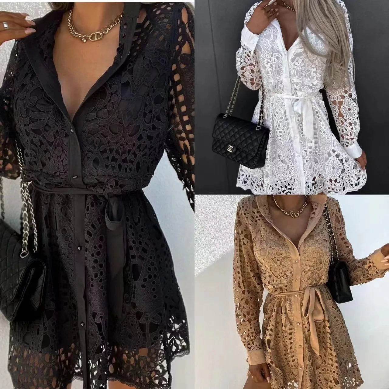 Chic Lace Cutout Long Sleeve Shirt Dress for Women