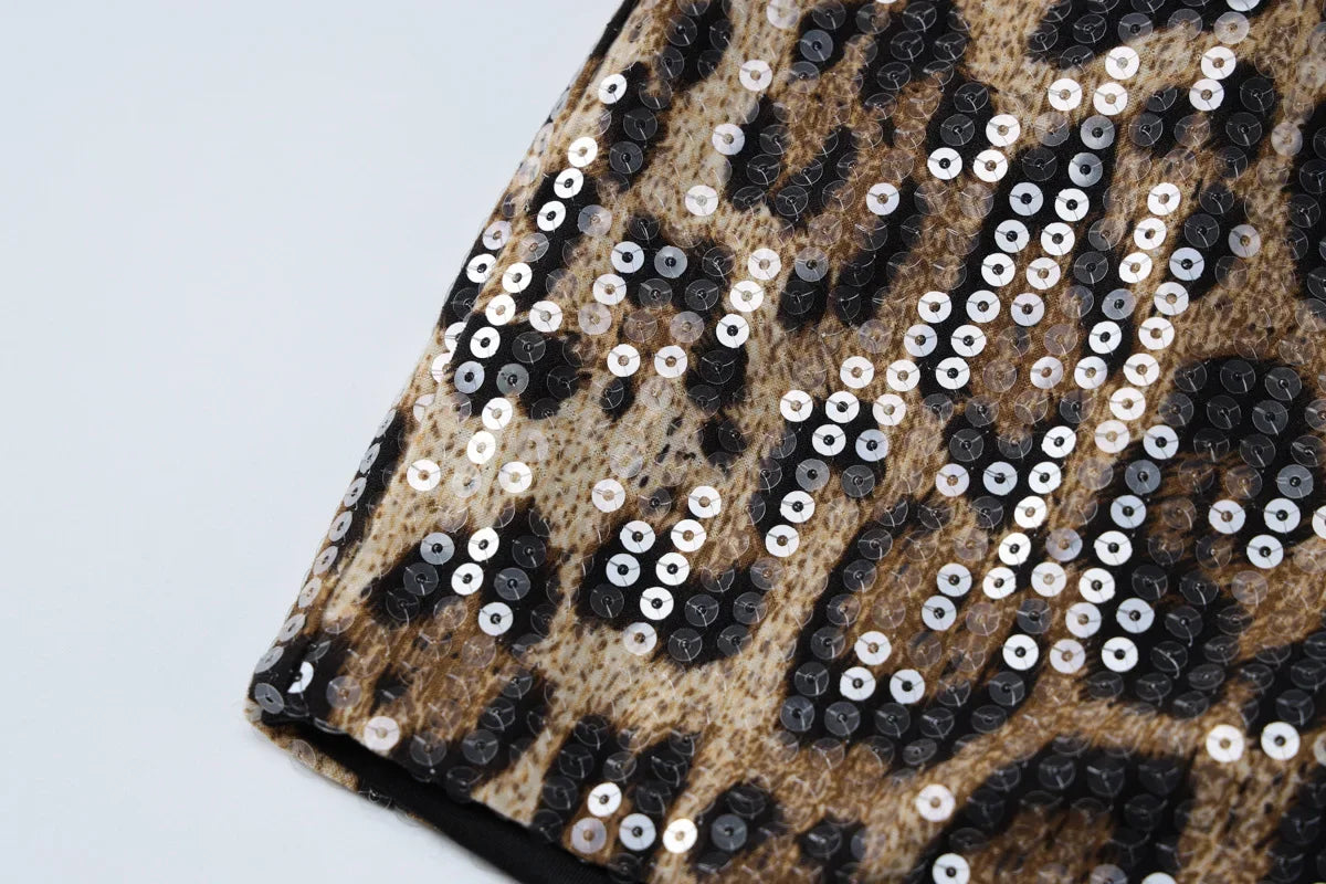 Chic Leopard Print Sequin Three Piece Set for Women