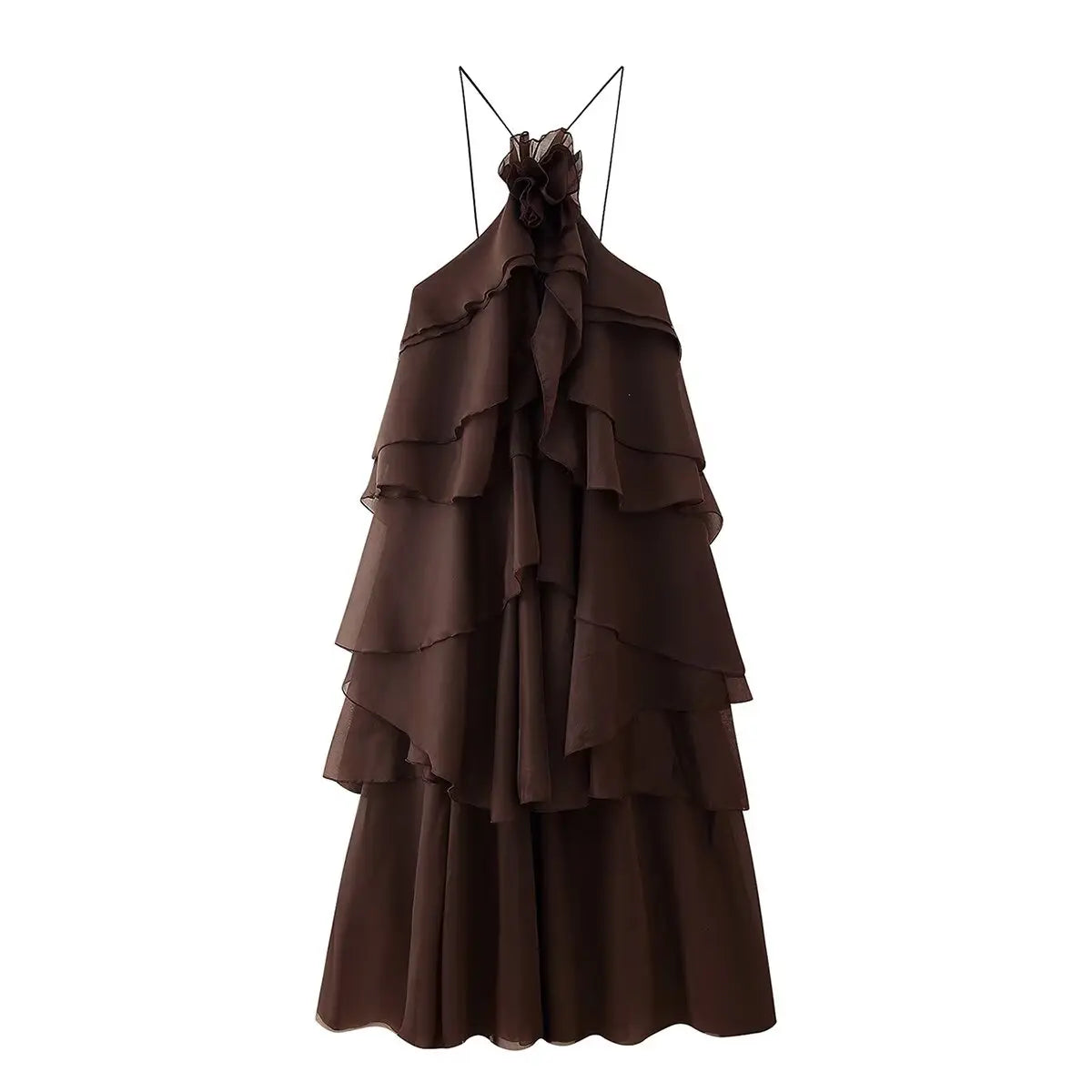 Backless 3D Flower Cascading Ruffle Halter Maxi Dress For Women
