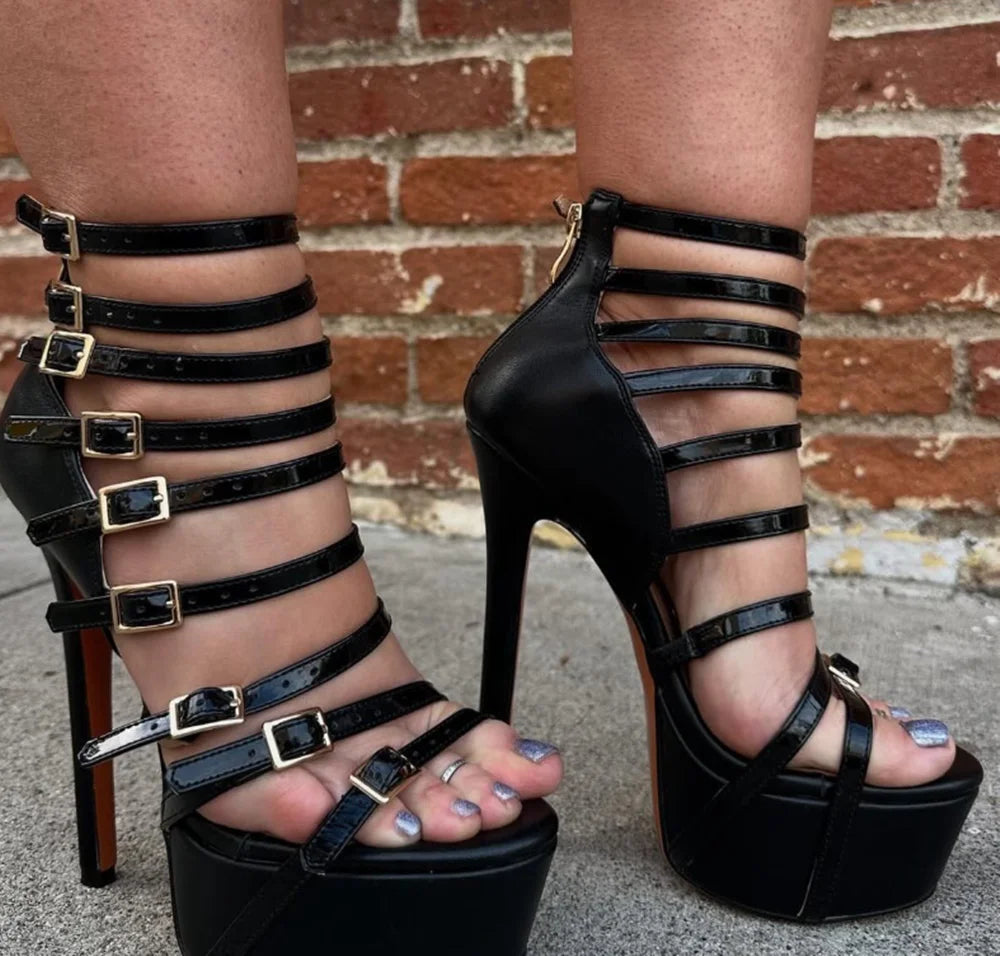 Black Patent Strappy Stiletto Sandals