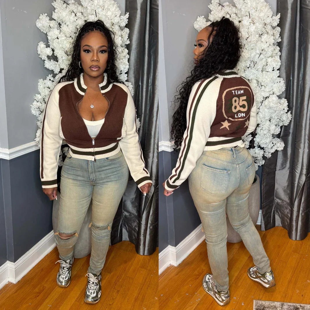 Warm Knitted Cropped Varsity Sweater Jacket for Women