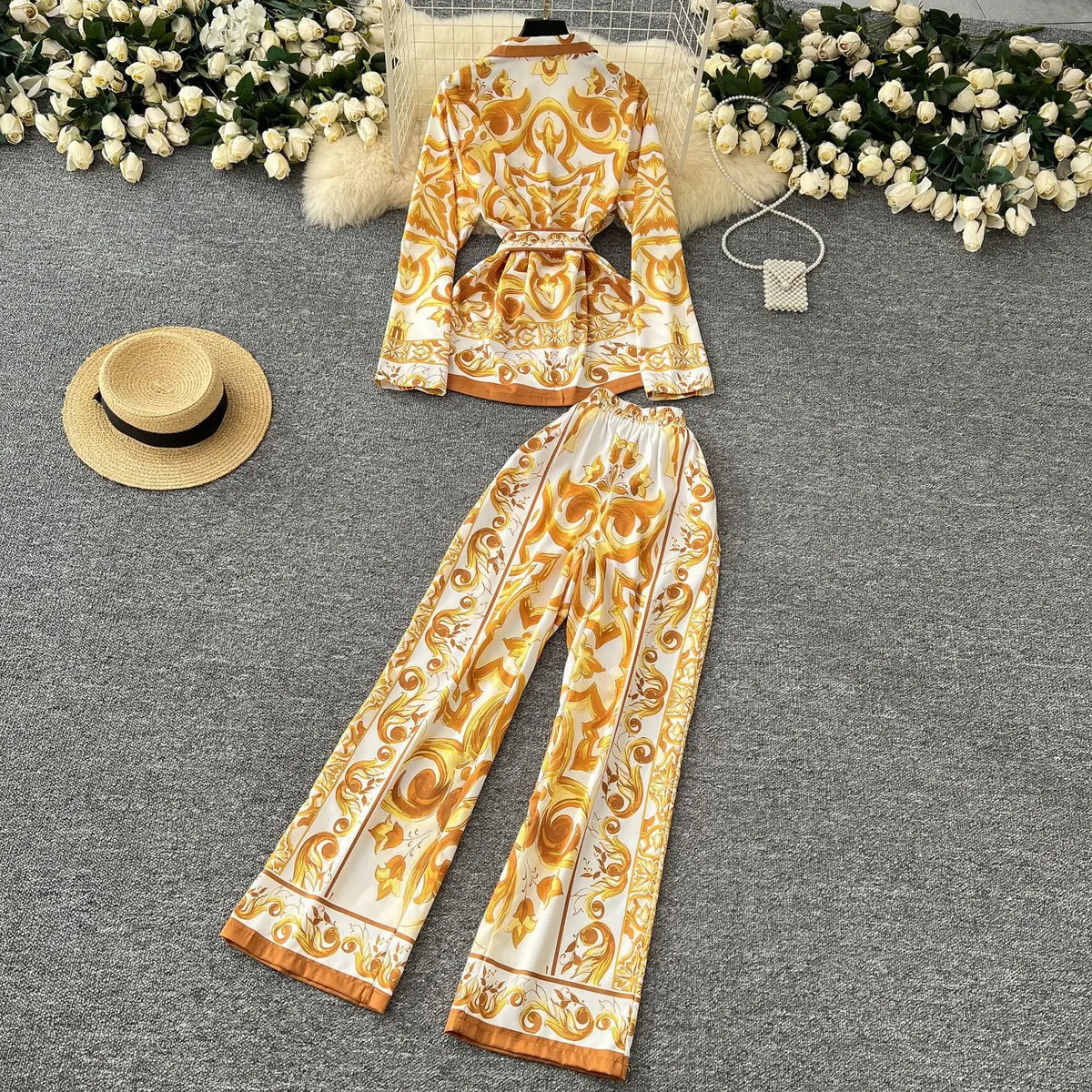 Casual Turn Down Collar Two Piece Pants Set for Women