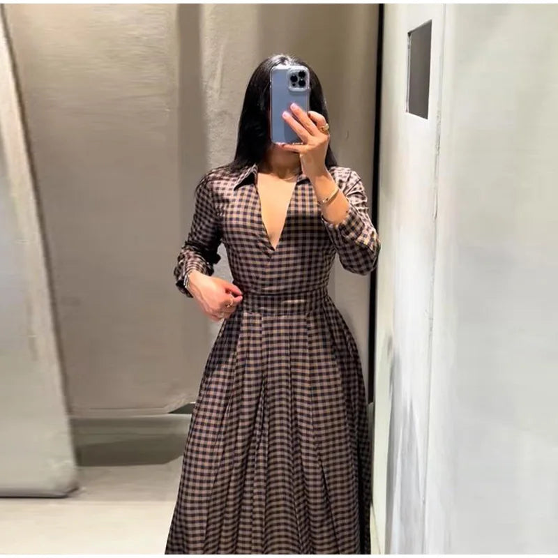 Elegant Plaid Women's Long Dresses Loose Tie Up Bow Laple Full Sleeve A-line Dress For Woman 2026 Spring New Lady Party Robes